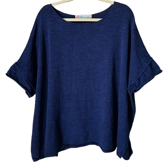 Free People Beach Size Large Blue Oversized Cotton Linen Blend Knit Top - Picture 2 of 2